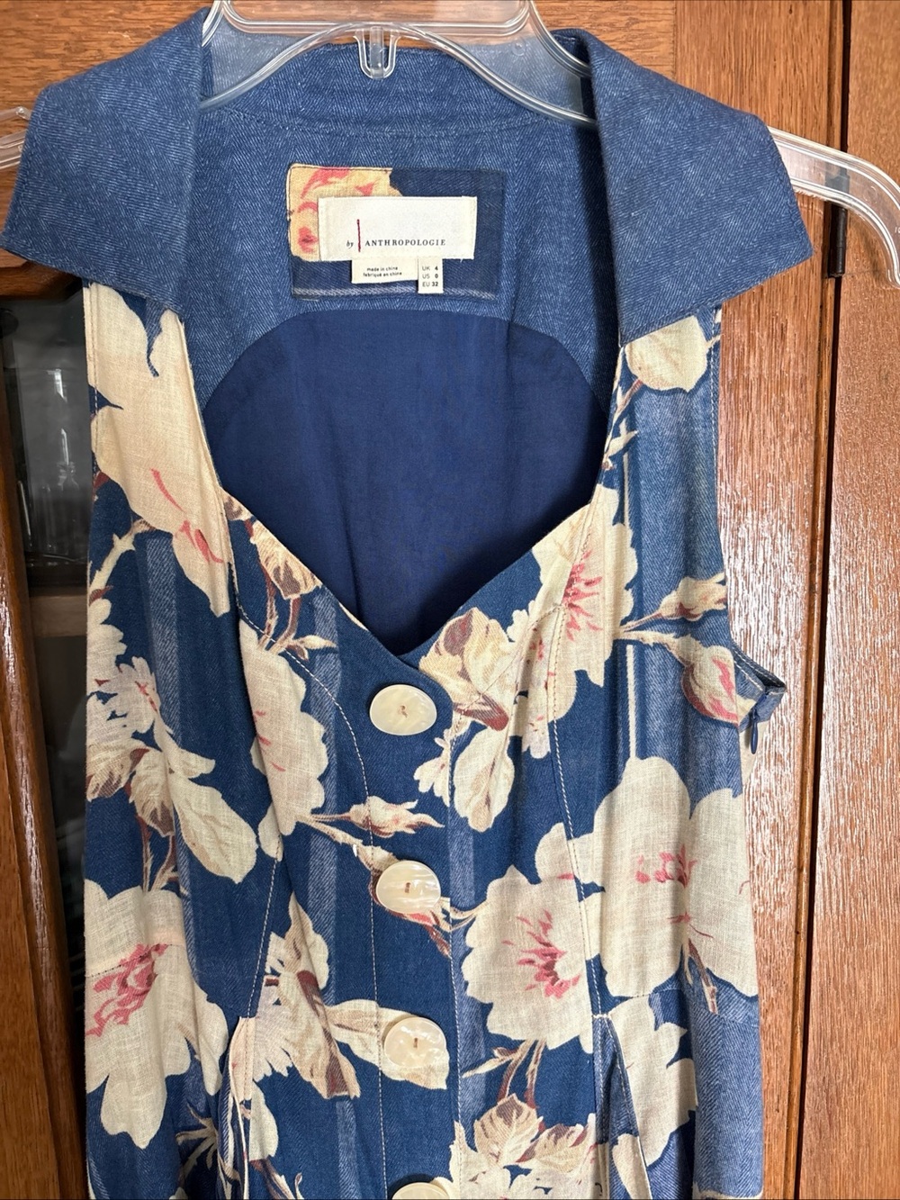 Anthropologie Blue Floral Camille Faux Button, side Zip Women’s Dress